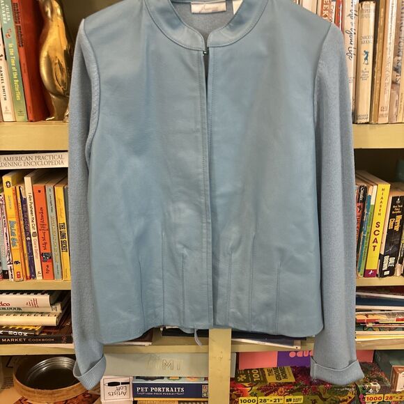 JH Collectibles Light Blue Leather Knit Jacket Full Zip Size XL Teal Petite EUC - Picture 1 of 5